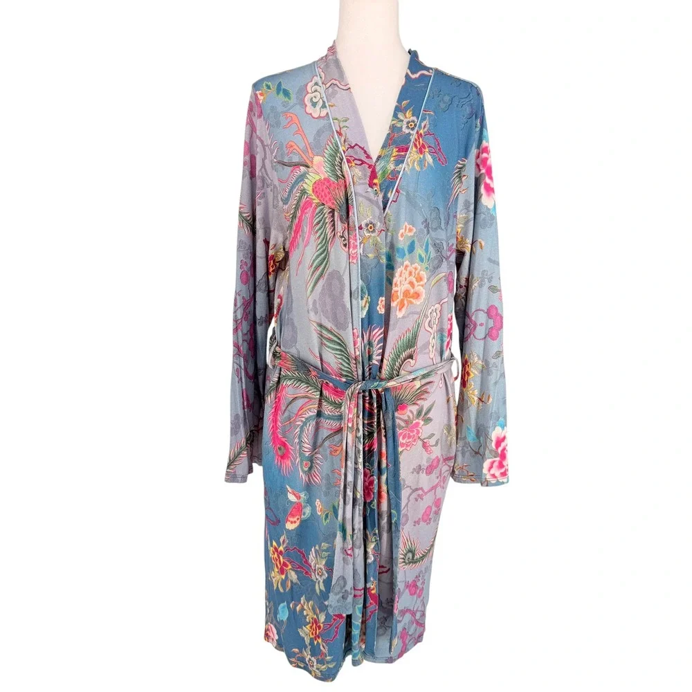 Johnny Was Women M Phoenix Floral Pima Cotton Modal Robe Kimono Blue Pockets